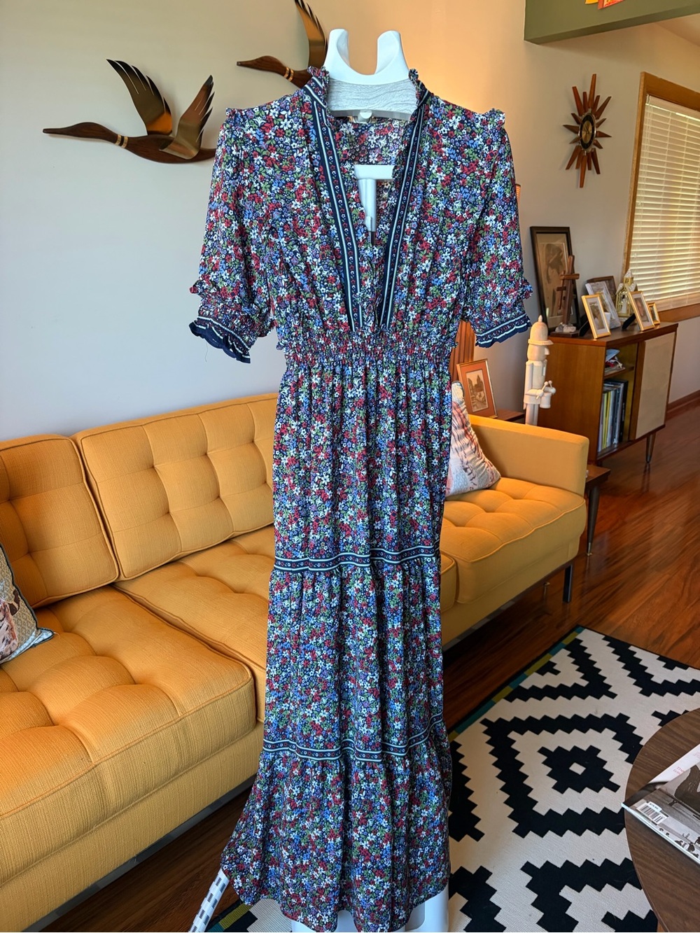 Max Studio Navy Floral Tiered Maxi Dress